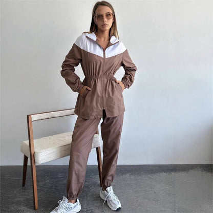 Damen Sportlicher Windbreaker Anzug Elastisch Kontrast Einsätze
