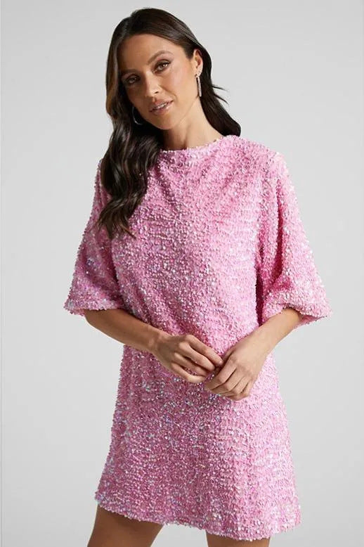 Damen Pailletten-Kleid Lockere Ärmel Rundhalsausschnitt Glitzernd