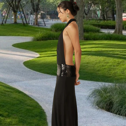 Damen Abendkleid Wasserfallausschnitt Glitzer Taillenelement