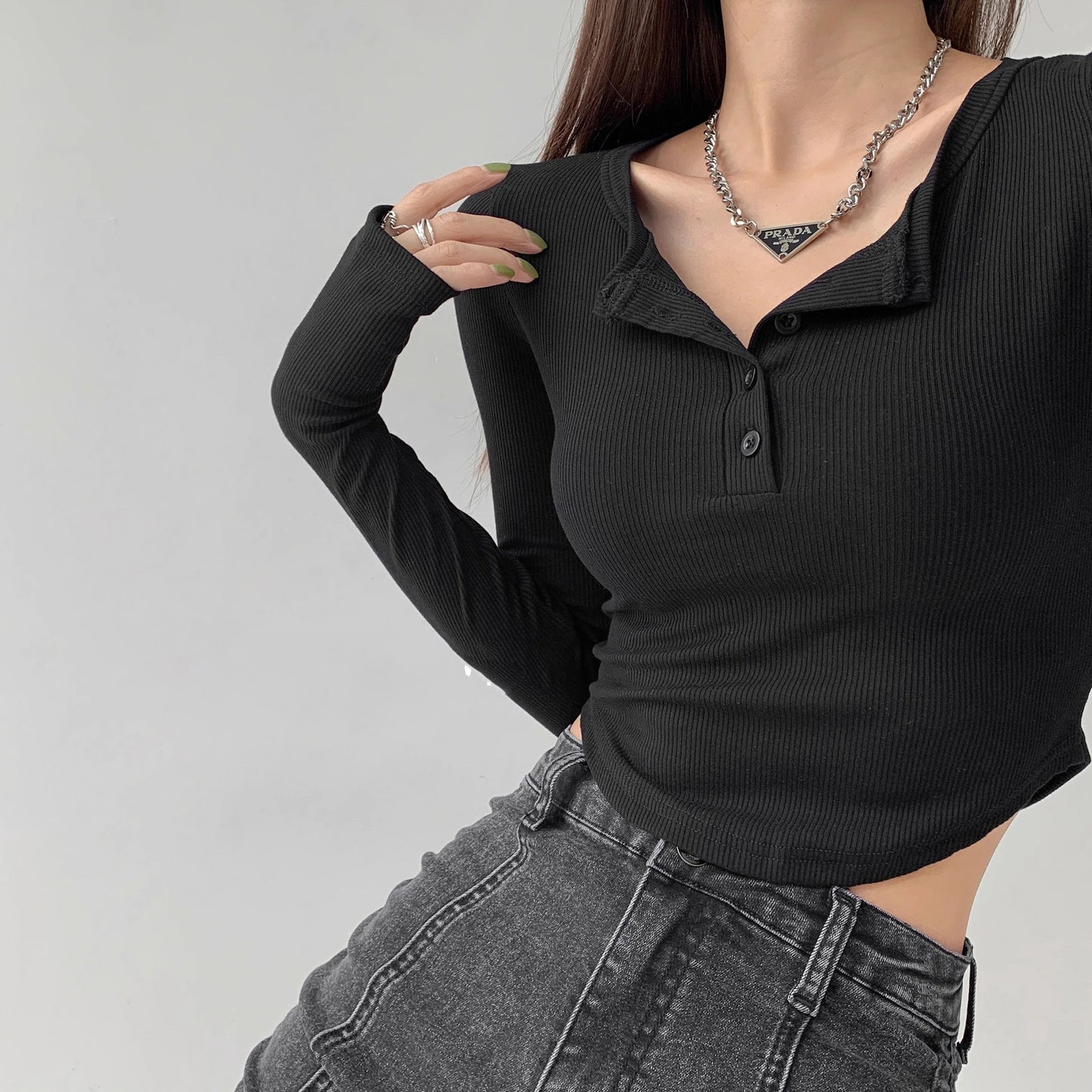 Damen Langarmshirt Dekorativer Knopf Lässiger Schnitt