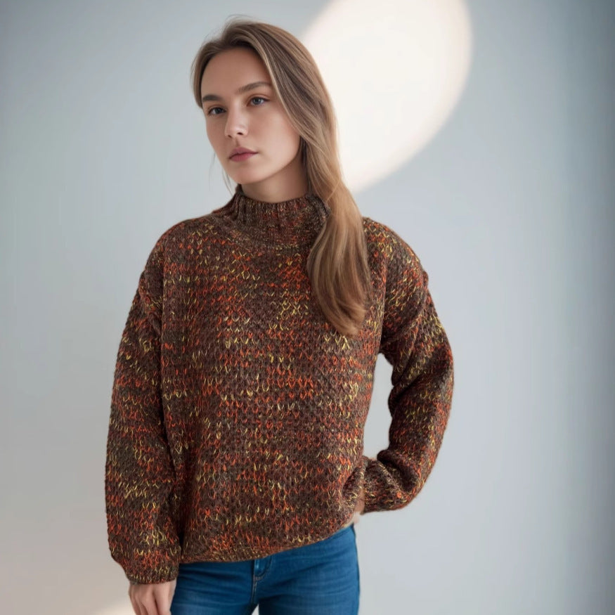 Damen Grobstrickpullover Hochgeschlossener Kragen Luftig Beige