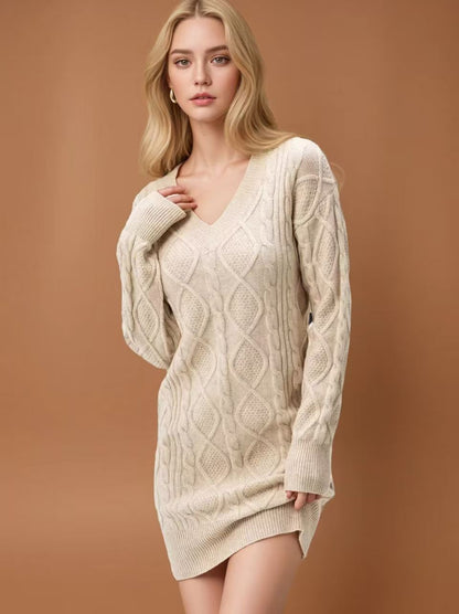 Damen Strickkleid V-Ausschnitt Strukturiert