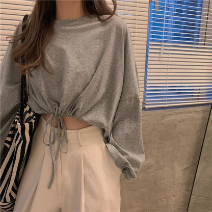 Damen Cropped Sweatshirt Oversized Ärmel Kordelzug Grau