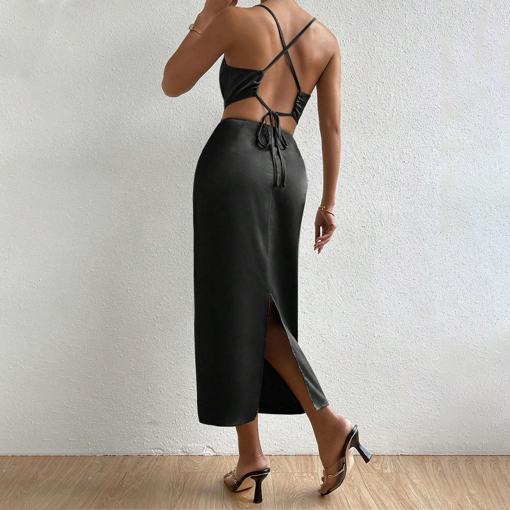 Damen Satin Maxikleid V-Ausschnitt Feine Träger Elegantes Design
