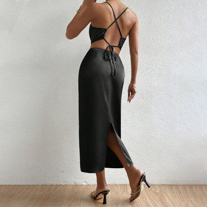 Damen Satin Maxikleid V-Ausschnitt Feine Träger Elegantes Design