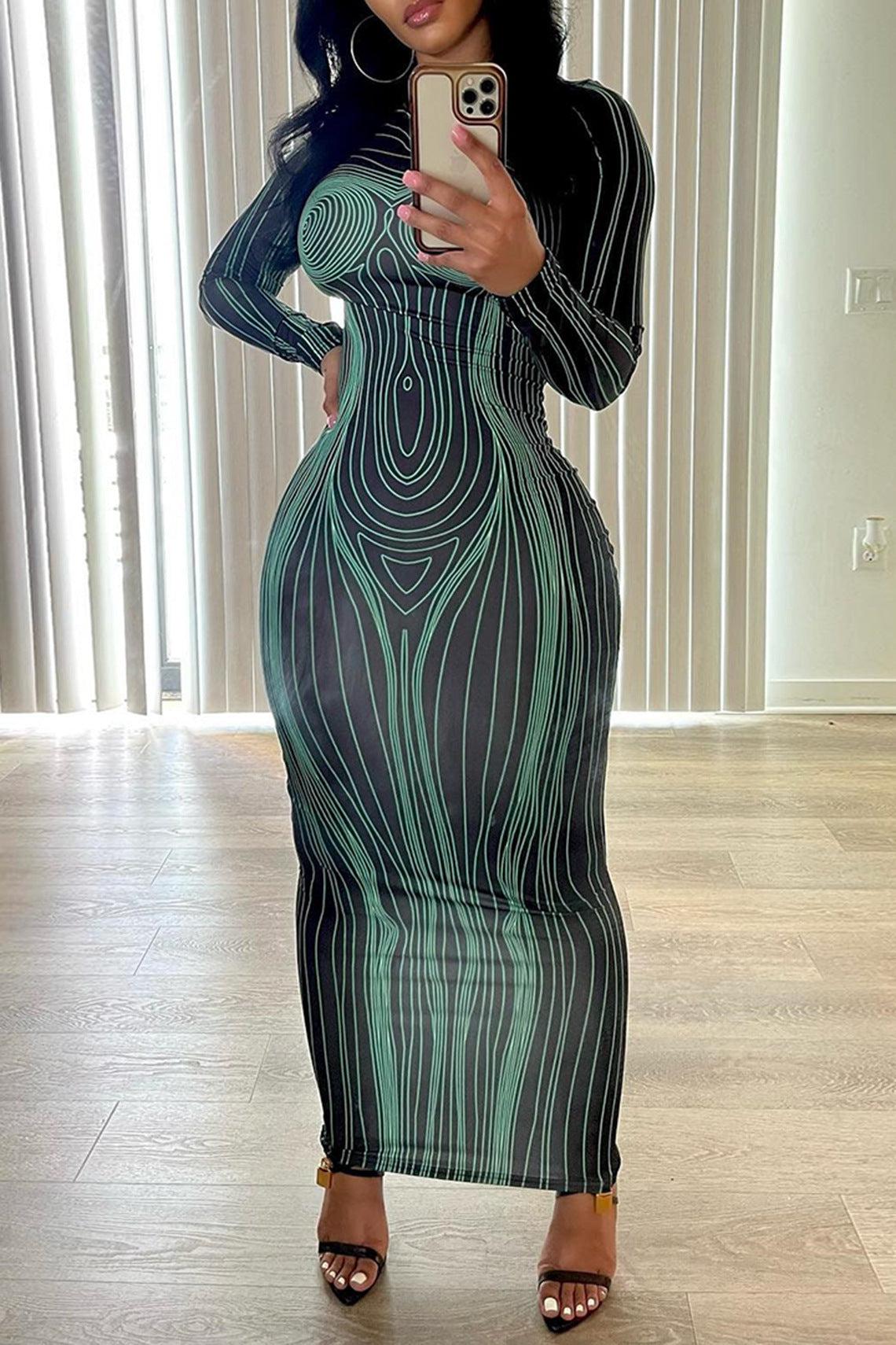 Damen Langarm-Maxikleid Figurbetont Modernes Grafikdesign