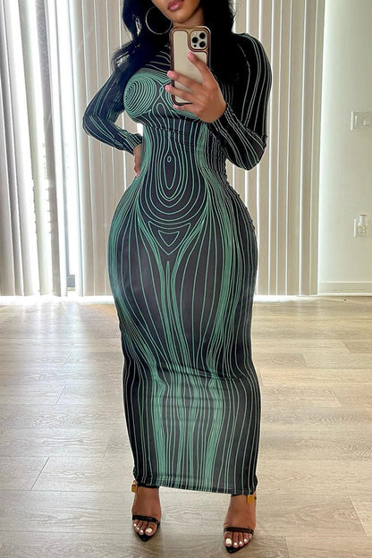 Damen Langarm-Maxikleid Figurbetont Modernes Grafikdesign