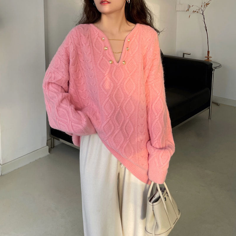 Damen Grobstrickpullover mit Knöpfen und Zopfmuster