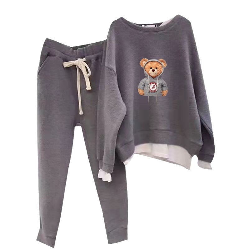 Damen Lounge-Set Bärenmotiv Leicht Baumwolle Beige