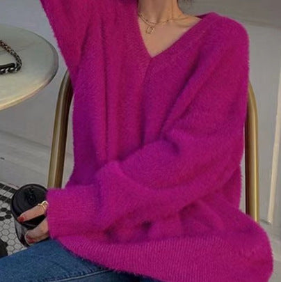 Damen Mohair Pullover Flauschig V-Ausschnitt Beige