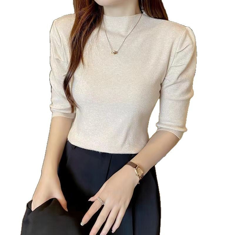 Damen Oberteil Puffärmel Hochwertiger Strick Beige