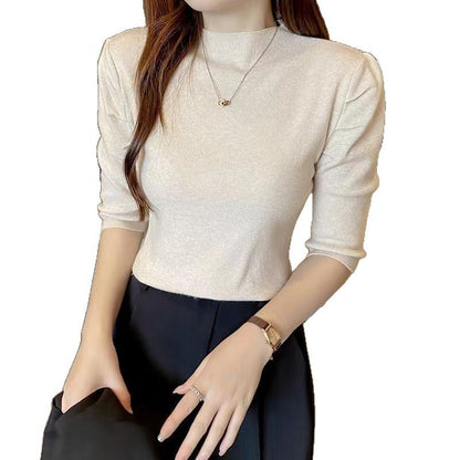 Damen Oberteil Puffärmel Hochwertiger Strick Beige