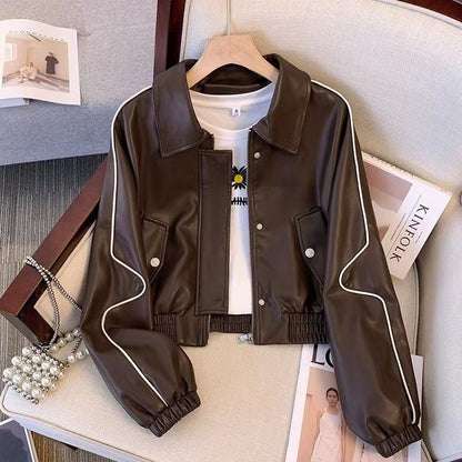 Damen Lederlook Kurzjacke Kontrastnähte Schwarz - Norvielle