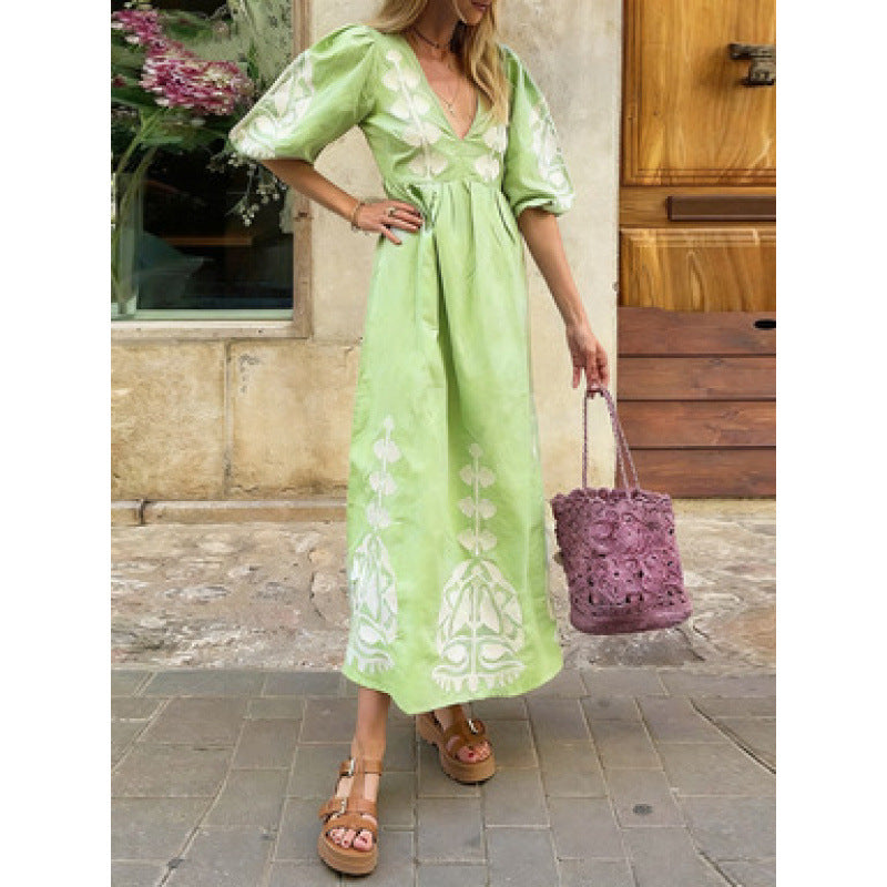 Damen Midikleid Luftige Puffärmel Florales Stickdesign