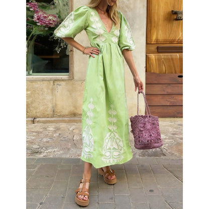 Damen Midikleid Luftige Puffärmel Florales Stickdesign