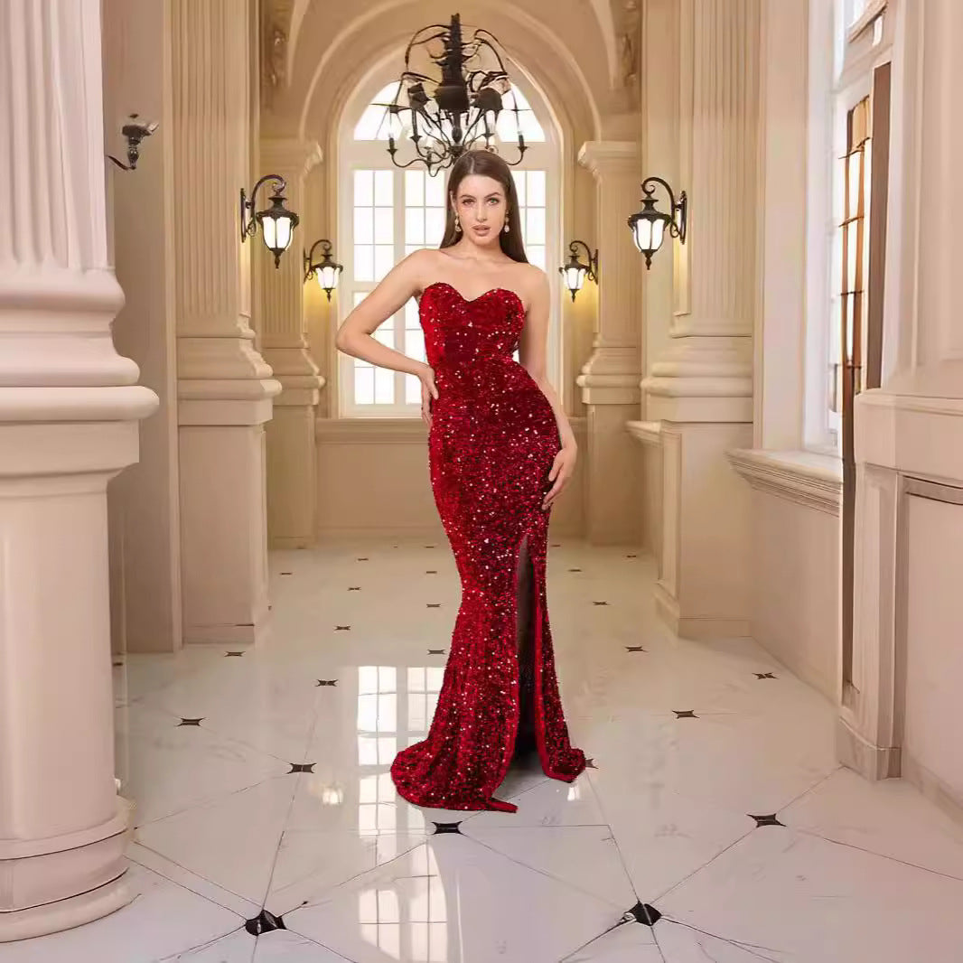 Damen Abendkleid Schulterfrei Pailletten