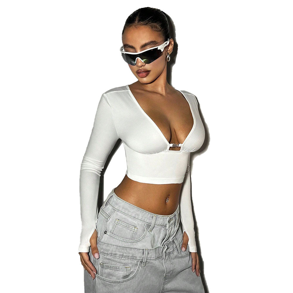Damen Langarmtop V-Ausschnitt Cropped Baumwolle