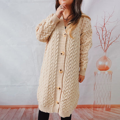 Damen Strickjacke Zopfmuster Große Knöpfe Beige