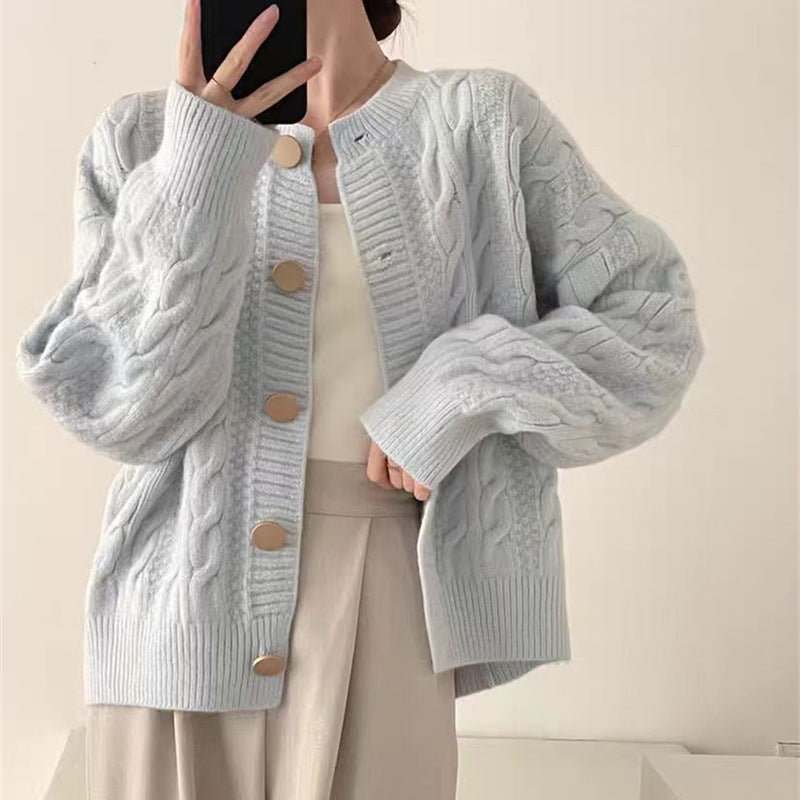 Damen Strickjacke Kabelmuster Große Knöpfe Beige - Norvielle