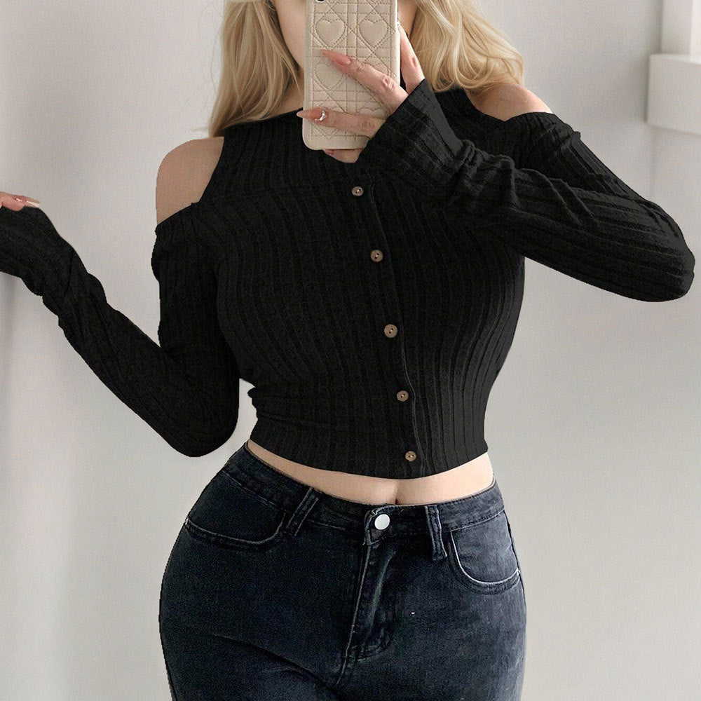Damen Cropped Pullover Langarm Schulterfrei Knopfverschluss Norvielle