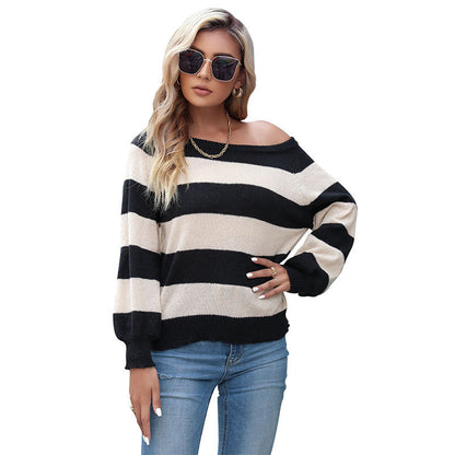 Damen Pullover Streifen Off-Shoulder Beige
