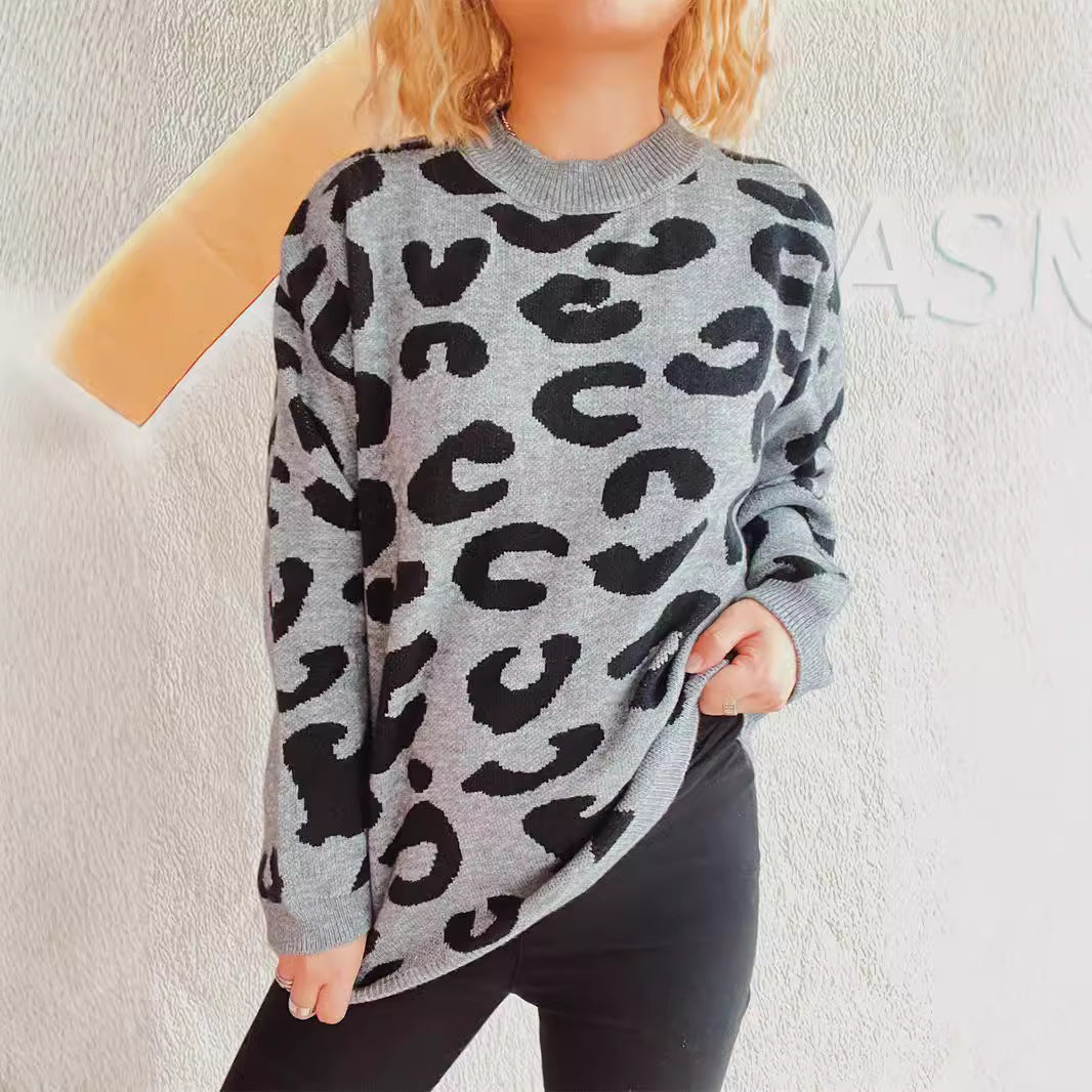Damen Oversized Pullover Leopardenmuster Rundhals