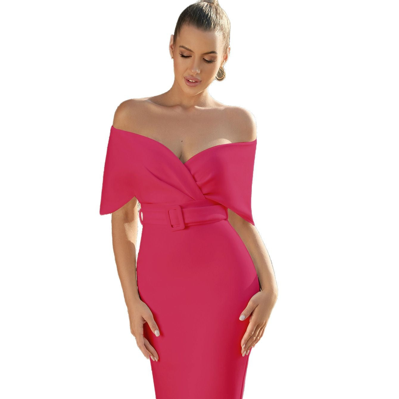 Damen Kleid Schulterfrei Taillengürtel Norvielle