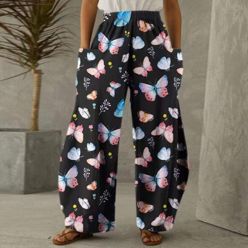 Damen Weite Blumenhosen Mit Taschen Elastischer Bund