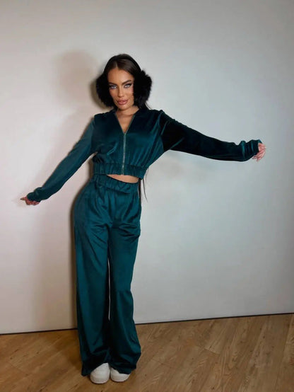 Damen Velours-Loungewear-Set mit Kapuze elastisch Norvielle