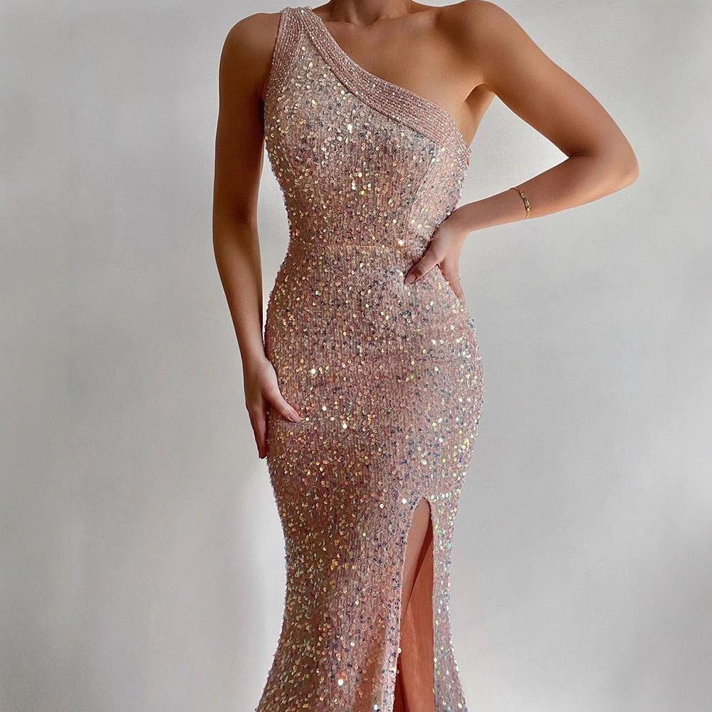 Damen Abendkleid Asymmetrischer Schnitt Hochgeschlitzt Glitzer