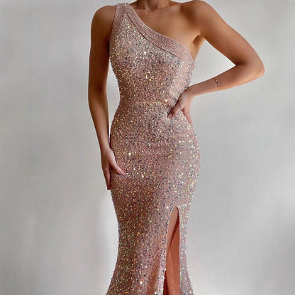 Damen Abendkleid Asymmetrischer Schnitt Hochgeschlitzt Glitzer