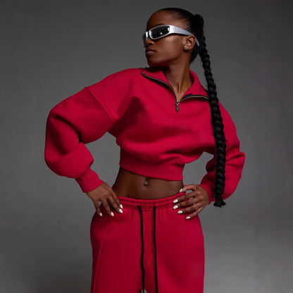 Damen Crop- Set mit hohem Kragen und weiten Hosen