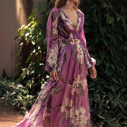 Damen Maxi-Kleid Florales Muster Voluminöse Ärmel