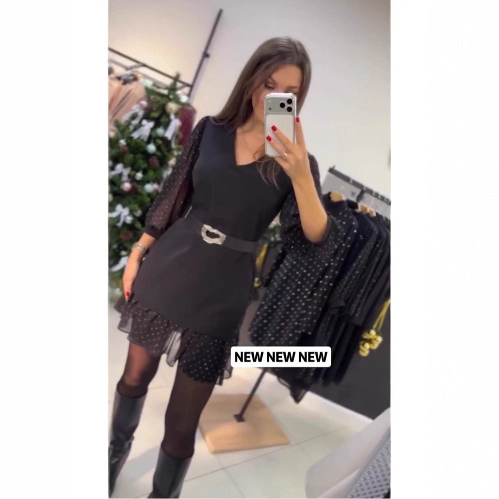 Damen Kleid mit Puffärmeln und Gürtel Norvielle - Norvielle
