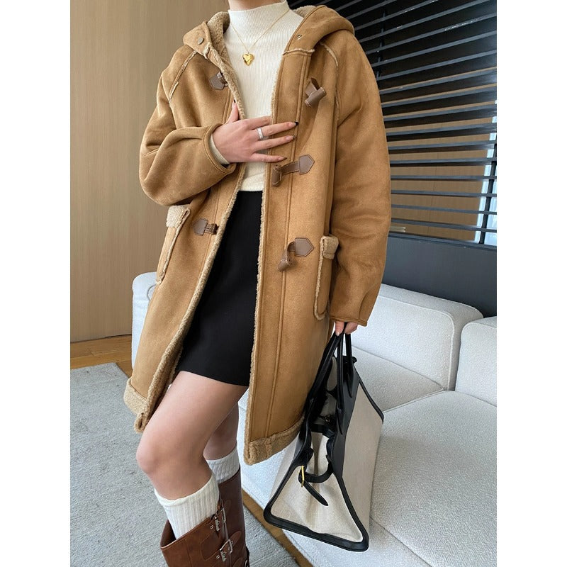Damen Dufflecoat Strickmaterial Gemütliches Innenfutter
