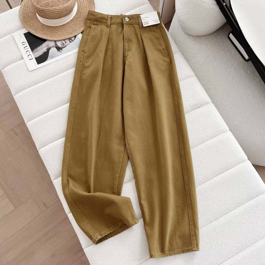 Damen Chino-Hose Weite Passform Hochwerder Bund Praktische Taschen