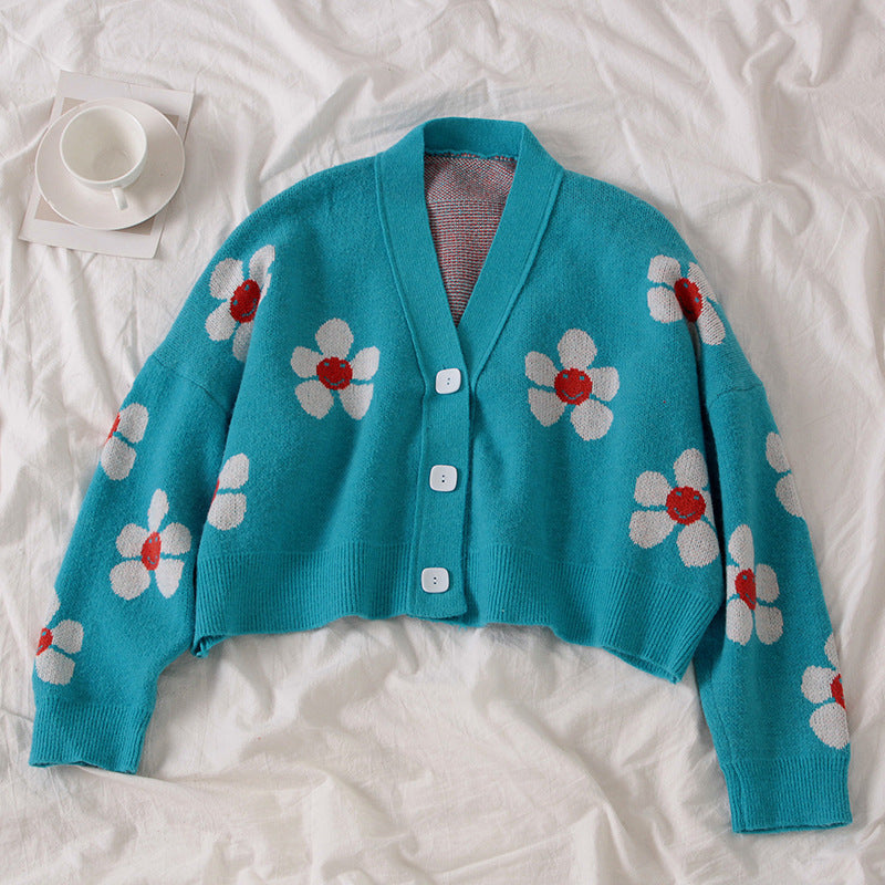 Damen Cardigan Grobstrick Floralmuster Knöpfe Beige