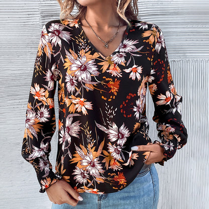Damen Bluse Floralmuster Elastische Rüschen Norvielle - Norvielle
