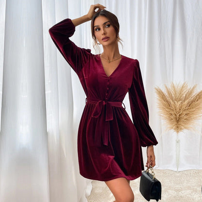 Damen Samtkleid V-Ausschnitt Taillengürtel Norvielle