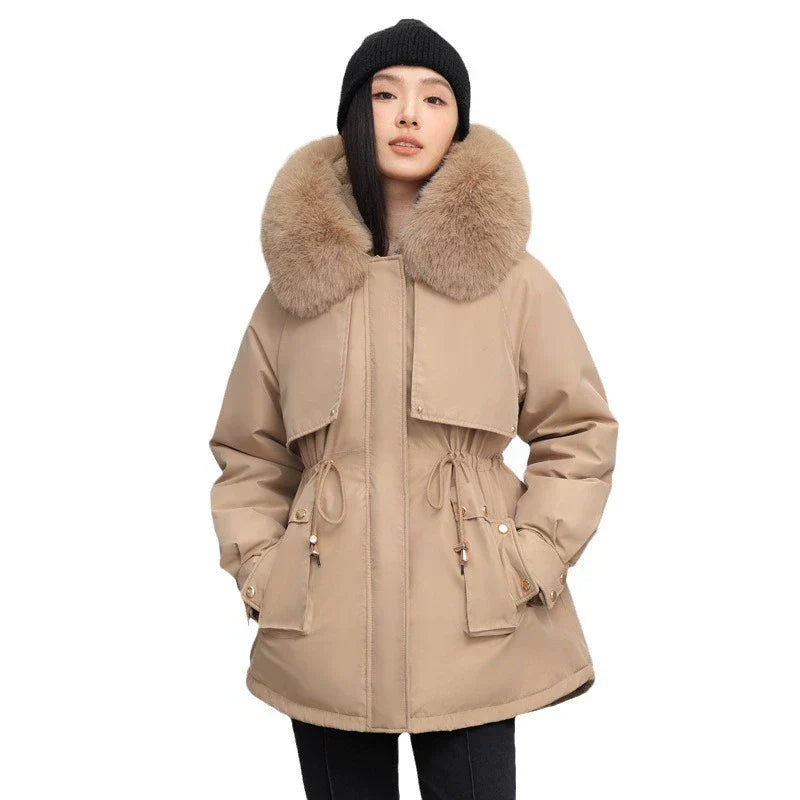 Damen Parka Mantel Verstellbare Taille Abnehmbarer Fellkragen