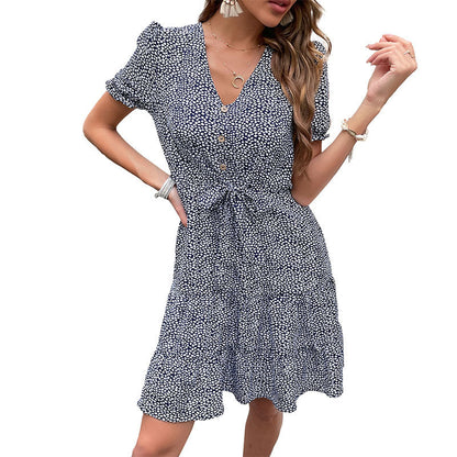 Damen Blümchenkleid mit Knopfleiste und Gürtel