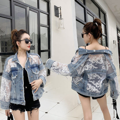 Damen Denimjacke Spitzenverzierung