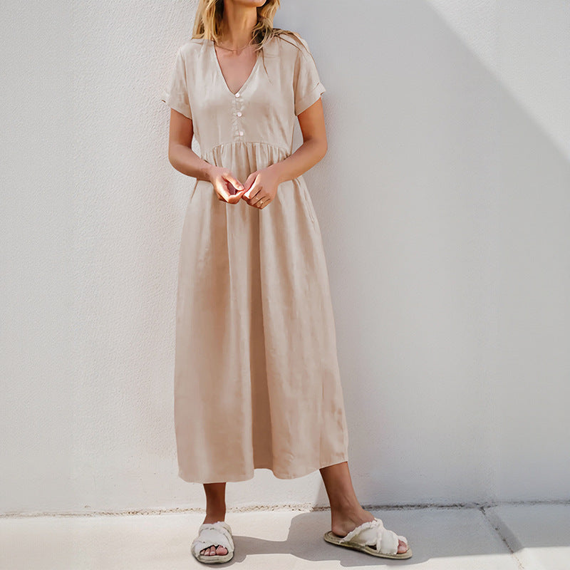 Damen Maxikleid V-Ausschnitt Dekorative Knöpfe