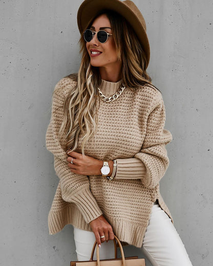 Damen Strickpullover Hochgeschlossener Kragen Strukturiert Beige