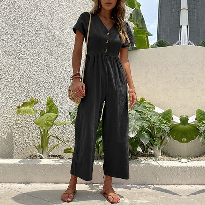 Damen Jumpsuit Weite Beine Knopfdetails Norvielle