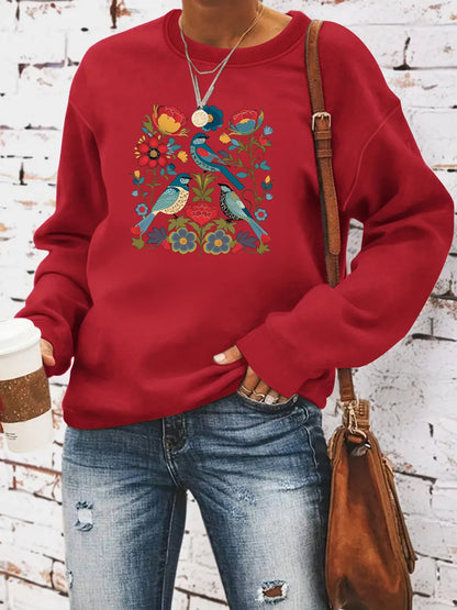 Damen Sweatshirt Florales Vogeldesign Lässiger Schnitt Norvielle