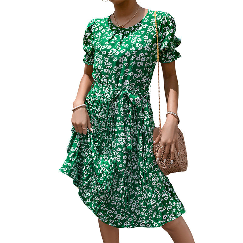 Damen Midi-Kleid mit Blumenmuster und modischem Gürtel