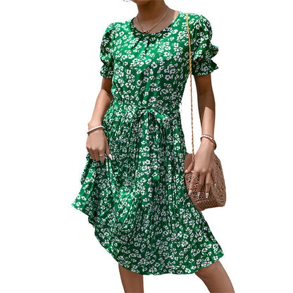 Damen Midi-Kleid mit Blumenmuster und modischem Gürtel