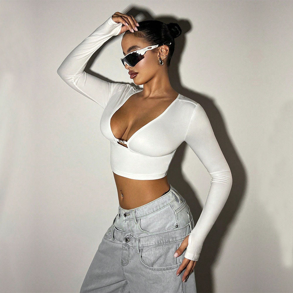 Damen Langarmtop V-Ausschnitt Cropped Baumwolle