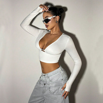 Damen Langarmtop V-Ausschnitt Cropped Baumwolle